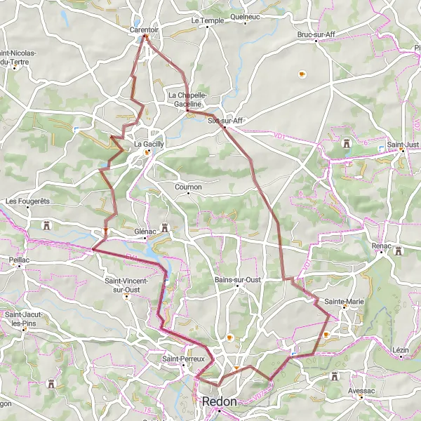 Map miniature of "Exploring the Gravels of Carentoir" cycling inspiration in Bretagne, France. Generated by Tarmacs.app cycling route planner