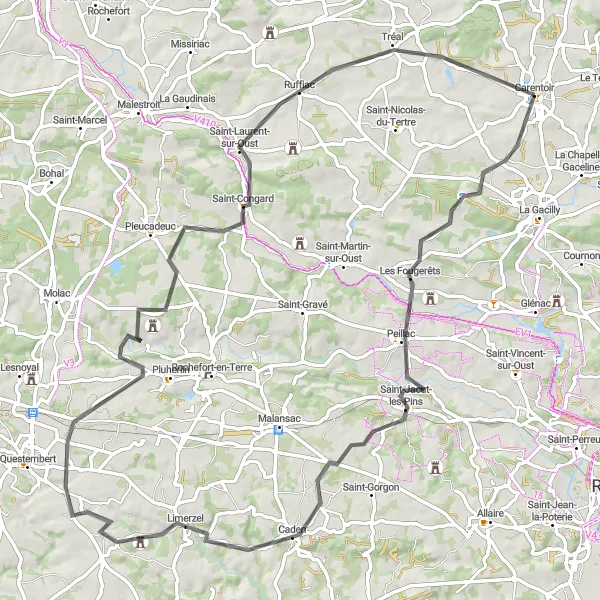 Miniature de la carte de l'inspiration cycliste "Boucle Route de Carentoir" dans la Bretagne, France. Générée par le planificateur d'itinéraire cycliste Tarmacs.app