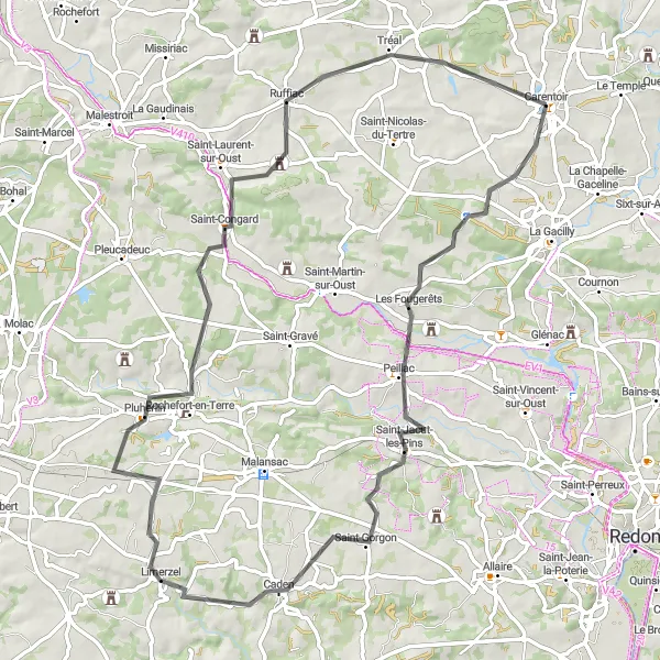 Miniature de la carte de l'inspiration cycliste "Tour de l'Est de Carentoir en route" dans la Bretagne, France. Générée par le planificateur d'itinéraire cycliste Tarmacs.app