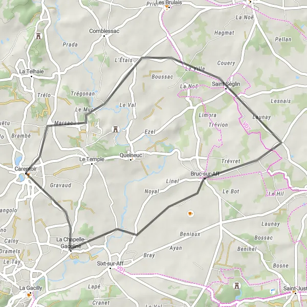 Miniature de la carte de l'inspiration cycliste "Les collines de l'Aff en route" dans la Bretagne, France. Générée par le planificateur d'itinéraire cycliste Tarmacs.app