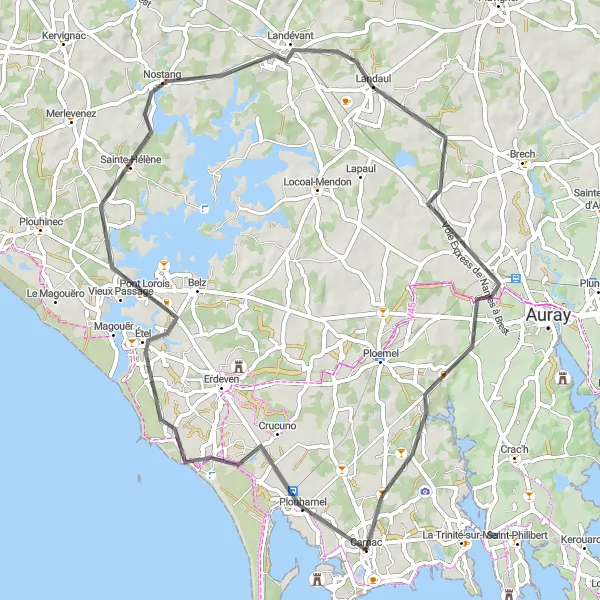 Map miniature of "Scenic Ride from Carnac to Nostang" cycling inspiration in Bretagne, France. Generated by Tarmacs.app cycling route planner