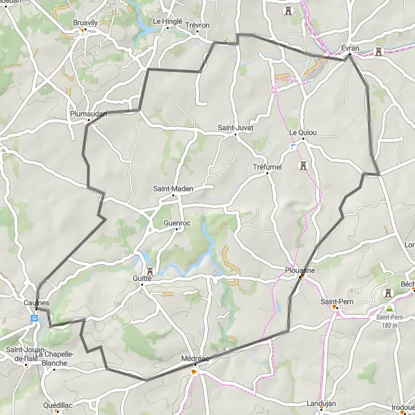 Miniature de la carte de l'inspiration cycliste "Le Circuit de Plouasne et Plumaudan" dans la Bretagne, France. Générée par le planificateur d'itinéraire cycliste Tarmacs.app