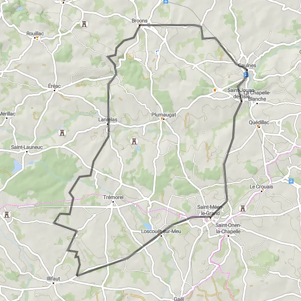 Miniature de la carte de l'inspiration cycliste "La Boucle de Lanrelas et Saint-Méen-le-Grand" dans la Bretagne, France. Générée par le planificateur d'itinéraire cycliste Tarmacs.app