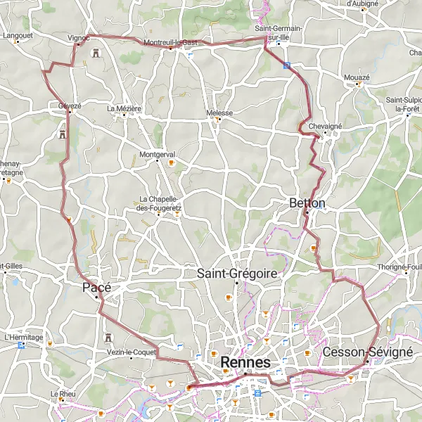Miniature de la carte de l'inspiration cycliste "Tour de la Vallée de l'Ille en Gravel" dans la Bretagne, France. Générée par le planificateur d'itinéraire cycliste Tarmacs.app