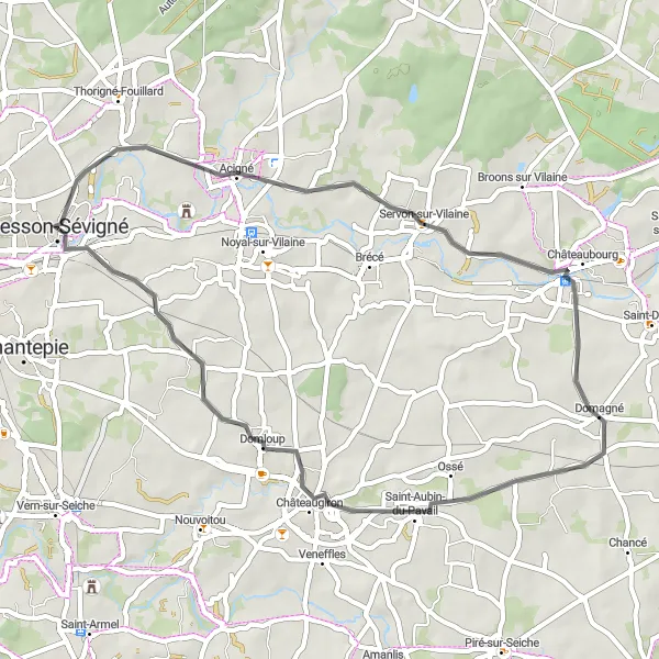 Miniature de la carte de l'inspiration cycliste "Tour de Cesson-Sévigné et ses environs" dans la Bretagne, France. Générée par le planificateur d'itinéraire cycliste Tarmacs.app