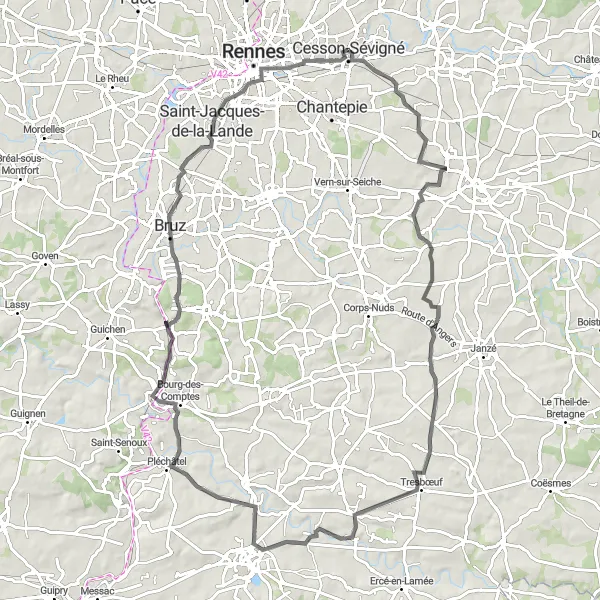 Miniature de la carte de l'inspiration cycliste "Le Tour des Châteaux de Bretagne" dans la Bretagne, France. Générée par le planificateur d'itinéraire cycliste Tarmacs.app