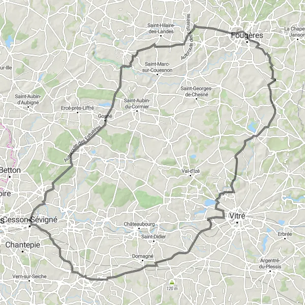 Miniature de la carte de l'inspiration cycliste "Défi Fougères - Montreuil-sous-Pérouse" dans la Bretagne, France. Générée par le planificateur d'itinéraire cycliste Tarmacs.app