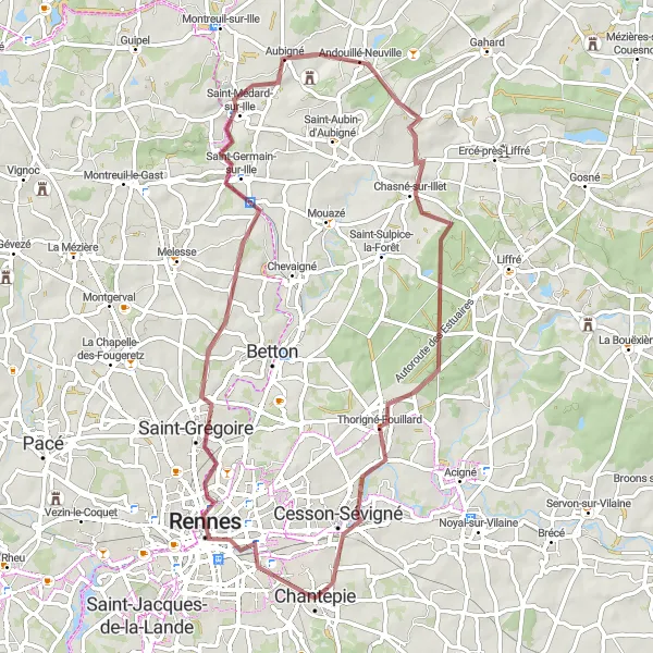 Miniature de la carte de l'inspiration cycliste "Escapade Gravel à Rennes" dans la Bretagne, France. Générée par le planificateur d'itinéraire cycliste Tarmacs.app