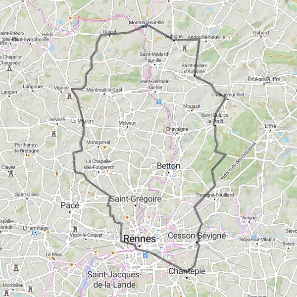Map miniature of "Scenic Loop from Chantepie to Cesson-Sévigné via Montgermont, Guipel, and Chasné-sur-Illet" cycling inspiration in Bretagne, France. Generated by Tarmacs.app cycling route planner