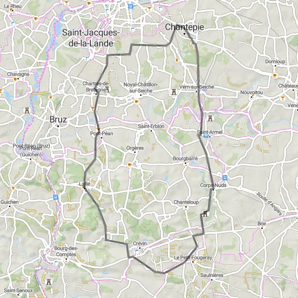 Miniature de la carte de l'inspiration cycliste "Les Collines de Chantepie" dans la Bretagne, France. Générée par le planificateur d'itinéraire cycliste Tarmacs.app