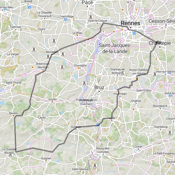 Map miniature of "Around Rennes via Pont-Péan, Guichen, Baulon, Mordelles, and Rennes" cycling inspiration in Bretagne, France. Generated by Tarmacs.app cycling route planner