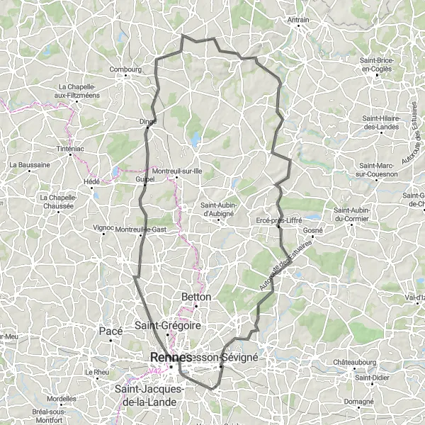 Miniature de la carte de l'inspiration cycliste "Les Chemins de la Forêt de Rennes" dans la Bretagne, France. Générée par le planificateur d'itinéraire cycliste Tarmacs.app