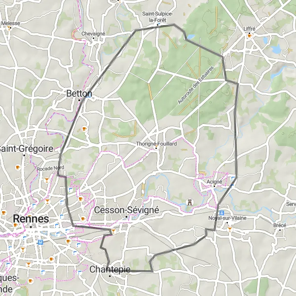 Miniature de la carte de l'inspiration cycliste "La Boucle de Betton" dans la Bretagne, France. Générée par le planificateur d'itinéraire cycliste Tarmacs.app