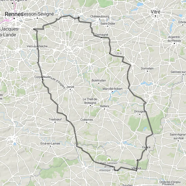 Map miniature of "Enthralling Countryside Loop from Chantepie to Vern-sur-Seiche via Servon-sur-Vilaine, Bais, Rannée, Eancé, and Thourie" cycling inspiration in Bretagne, France. Generated by Tarmacs.app cycling route planner