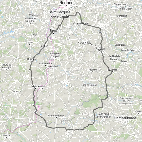 Miniature de la carte de l'inspiration cycliste "Le Tour de l'Ascension à Chantepie" dans la Bretagne, France. Générée par le planificateur d'itinéraire cycliste Tarmacs.app