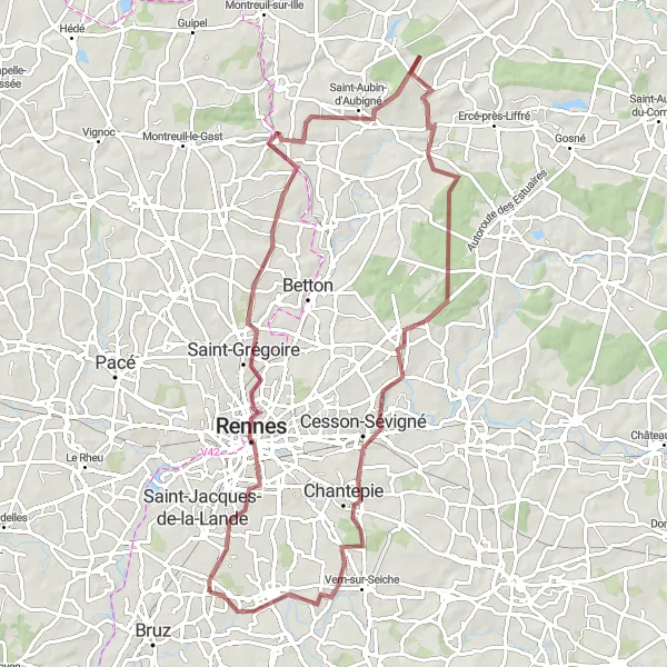 Miniature de la carte de l'inspiration cycliste "Excursion Gravel jusqu'à Noyal-Châtillon-sur-Seiche" dans la Bretagne, France. Générée par le planificateur d'itinéraire cycliste Tarmacs.app