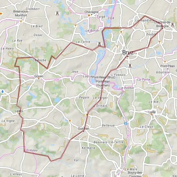 Miniature de la carte de l'inspiration cycliste "Parcours gravel à Guichen" dans la Bretagne, France. Générée par le planificateur d'itinéraire cycliste Tarmacs.app
