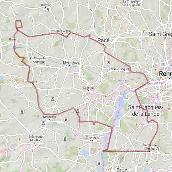 Miniature de la carte de l'inspiration cycliste "Boucle Gravel dans les environs de Rennes" dans la Bretagne, France. Générée par le planificateur d'itinéraire cycliste Tarmacs.app