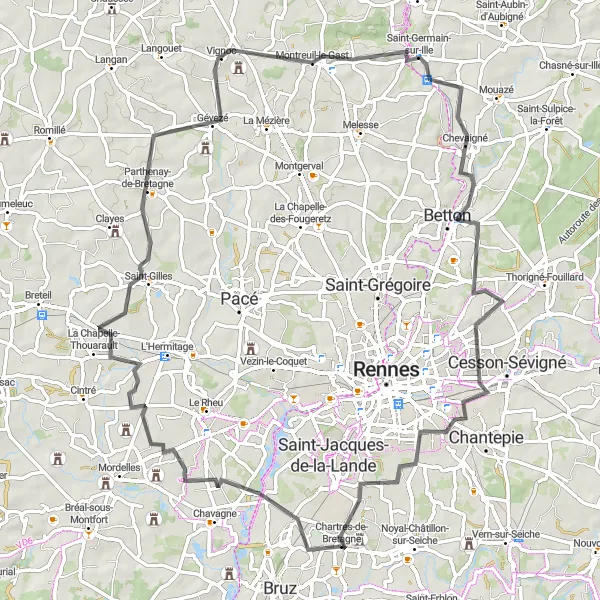 Miniature de la carte de l'inspiration cycliste "Boucle autour de Chartres-de-Bretagne" dans la Bretagne, France. Générée par le planificateur d'itinéraire cycliste Tarmacs.app