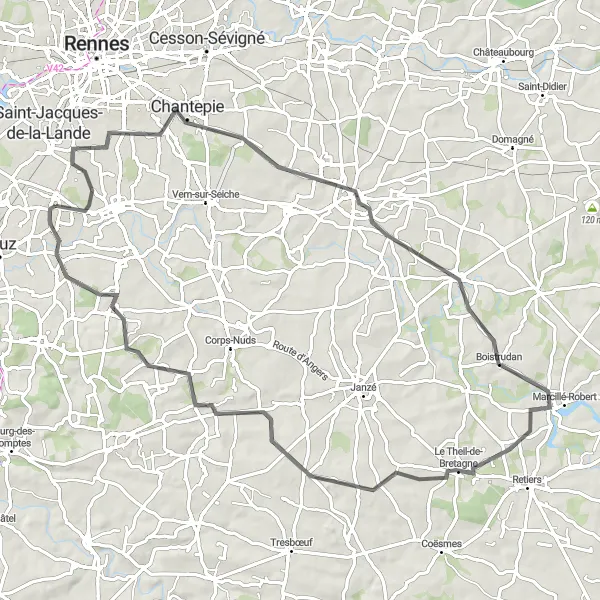 Map miniature of "Chartres-de-Bretagne Loop" cycling inspiration in Bretagne, France. Generated by Tarmacs.app cycling route planner