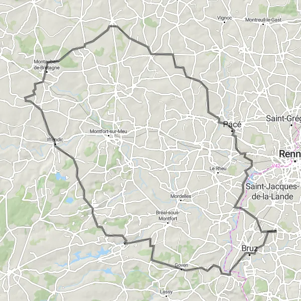 Miniature de la carte de l'inspiration cycliste "Tour de Bretagne de 100 km" dans la Bretagne, France. Générée par le planificateur d'itinéraire cycliste Tarmacs.app