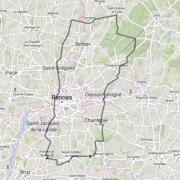Miniature de la carte de l'inspiration cycliste "Boucle autour de Chartres-de-Bretagne" dans la Bretagne, France. Générée par le planificateur d'itinéraire cycliste Tarmacs.app