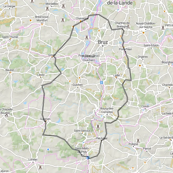 Miniature de la carte de l'inspiration cycliste "Tour des Rochers en Bretagne" dans la Bretagne, France. Générée par le planificateur d'itinéraire cycliste Tarmacs.app