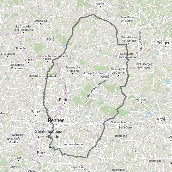 Miniature de la carte de l'inspiration cycliste "Défi cycliste de 143 km en Ille-et-Vilaine" dans la Bretagne, France. Générée par le planificateur d'itinéraire cycliste Tarmacs.app