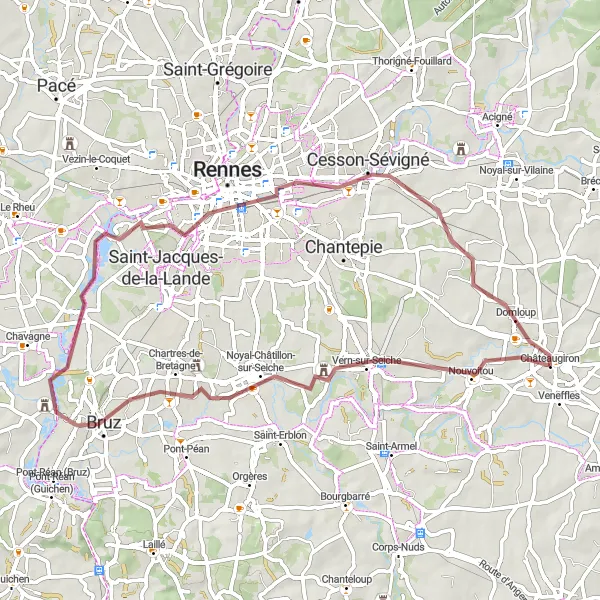 Miniature de la carte de l'inspiration cycliste "Aventure gravel autour de Rennes" dans la Bretagne, France. Générée par le planificateur d'itinéraire cycliste Tarmacs.app