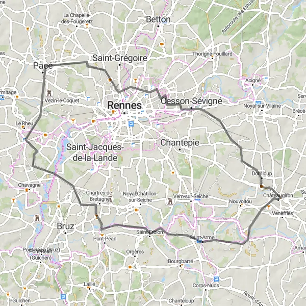 Miniature de la carte de l'inspiration cycliste "Les châteaux et les jardins secrets de Bretagne" dans la Bretagne, France. Générée par le planificateur d'itinéraire cycliste Tarmacs.app