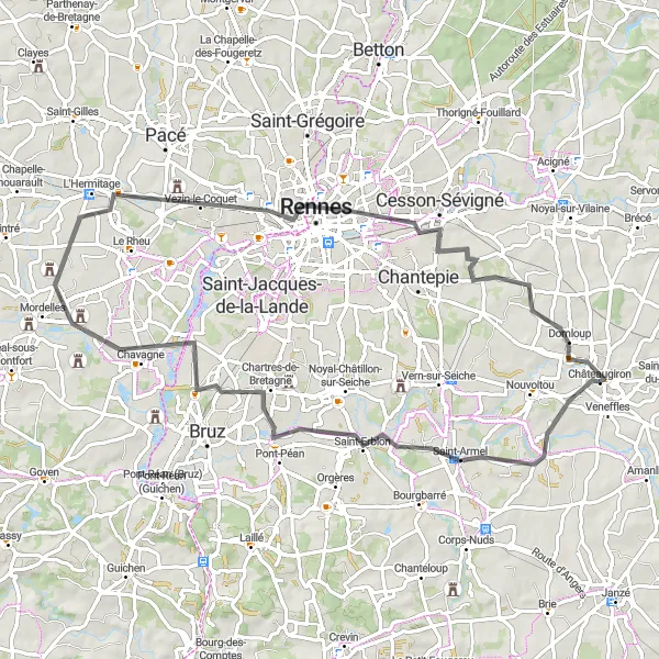 Miniature de la carte de l'inspiration cycliste "Aventure en Bretagne" dans la Bretagne, France. Générée par le planificateur d'itinéraire cycliste Tarmacs.app