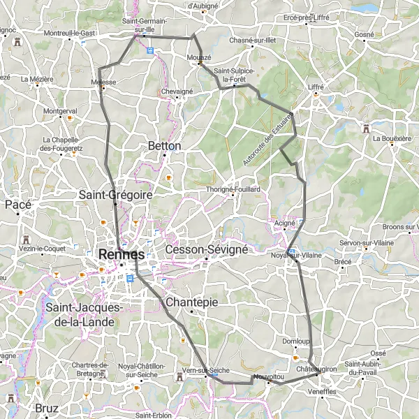 Miniature de la carte de l'inspiration cycliste "Boucle à vélo de route autour de Châteaugiron" dans la Bretagne, France. Générée par le planificateur d'itinéraire cycliste Tarmacs.app