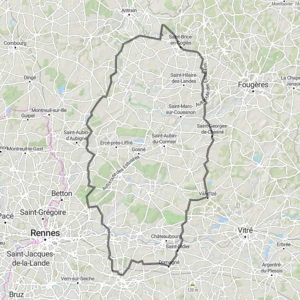 Miniature de la carte de l'inspiration cycliste "Tour en vélo de route à travers la campagne bretonne" dans la Bretagne, France. Générée par le planificateur d'itinéraire cycliste Tarmacs.app