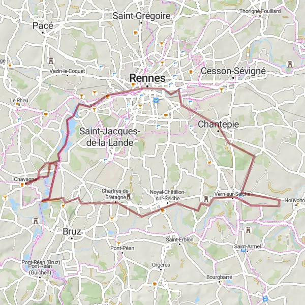 Miniature de la carte de l'inspiration cycliste "Balade vers Noyal-Châtillon-sur-Seiche" dans la Bretagne, France. Générée par le planificateur d'itinéraire cycliste Tarmacs.app