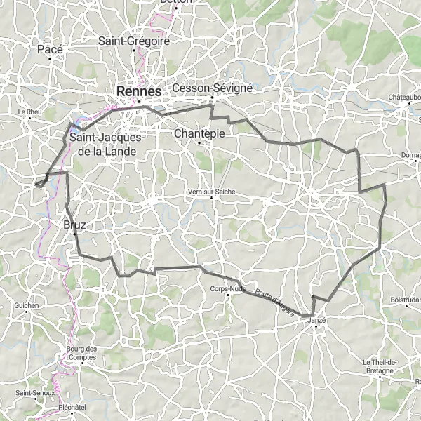 Map miniature of "Rennes Circuit" cycling inspiration in Bretagne, France. Generated by Tarmacs.app cycling route planner