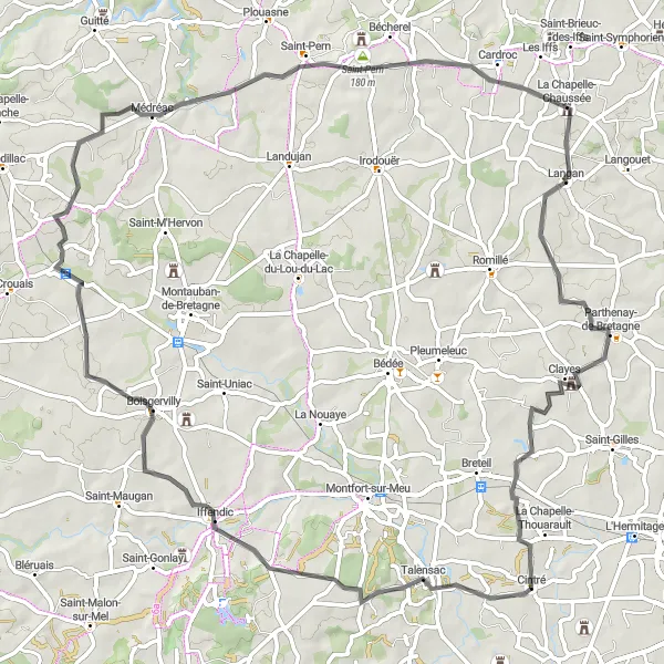 Map miniature of "Cintré - Iffendic Loop" cycling inspiration in Bretagne, France. Generated by Tarmacs.app cycling route planner