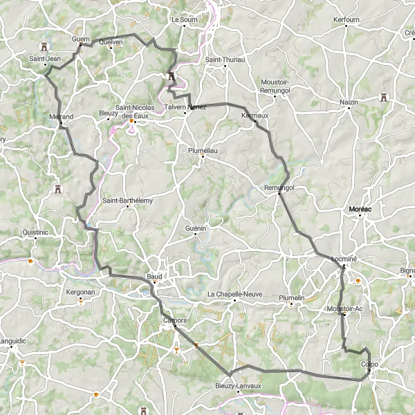 Map miniature of "The Camors Loop" cycling inspiration in Bretagne, France. Generated by Tarmacs.app cycling route planner