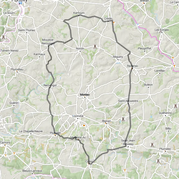 Miniature de la carte de l'inspiration cycliste "Les Collines Mystérieuses" dans la Bretagne, France. Générée par le planificateur d'itinéraire cycliste Tarmacs.app