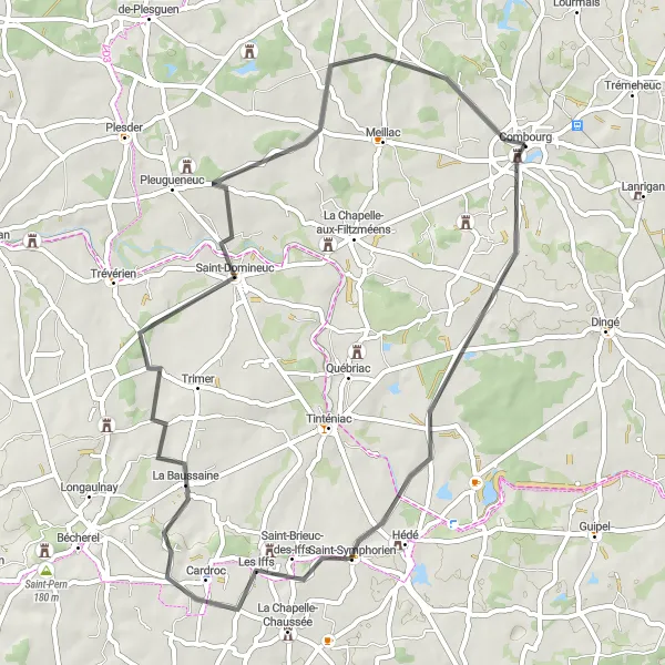 Map miniature of "Through Historic Villages" cycling inspiration in Bretagne, France. Generated by Tarmacs.app cycling route planner