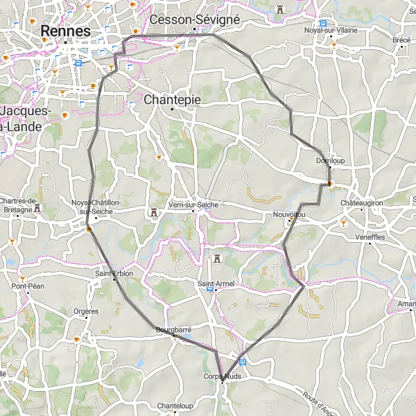 Miniature de la carte de l'inspiration cycliste "Boucle autour de Corps-Nuds" dans la Bretagne, France. Générée par le planificateur d'itinéraire cycliste Tarmacs.app