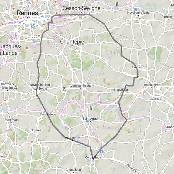 Map miniature of "Countryside Escape" cycling inspiration in Bretagne, France. Generated by Tarmacs.app cycling route planner