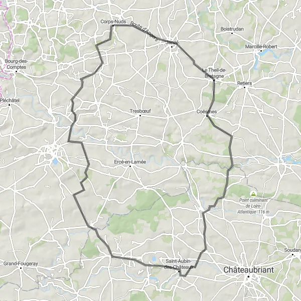 Miniature de la carte de l'inspiration cycliste "Les Joyaux de la Bretagne" dans la Bretagne, France. Générée par le planificateur d'itinéraire cycliste Tarmacs.app