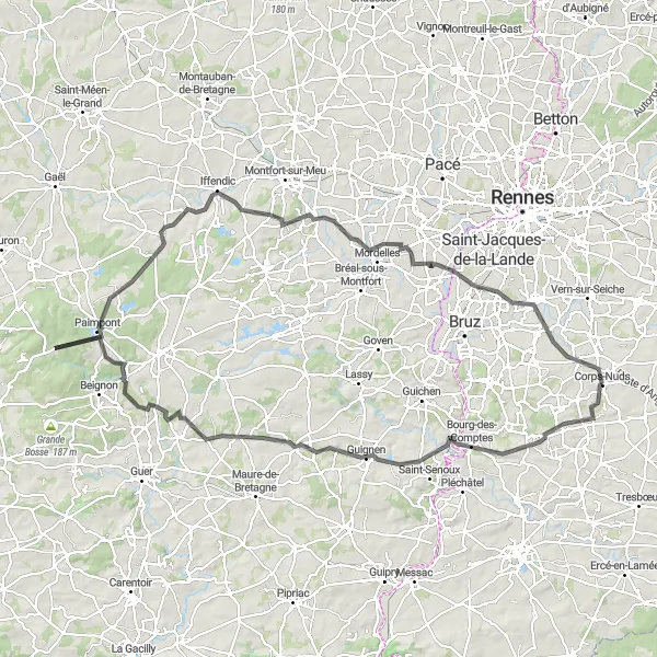 Miniature de la carte de l'inspiration cycliste "Les Forêts de Bretagne" dans la Bretagne, France. Générée par le planificateur d'itinéraire cycliste Tarmacs.app