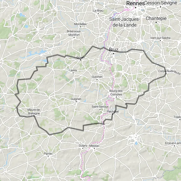 Map miniature of "Challenging Countryside Loop" cycling inspiration in Bretagne, France. Generated by Tarmacs.app cycling route planner
