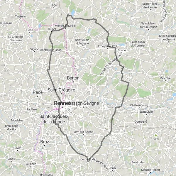 Map miniature of "Explore Historical Villages" cycling inspiration in Bretagne, France. Generated by Tarmacs.app cycling route planner