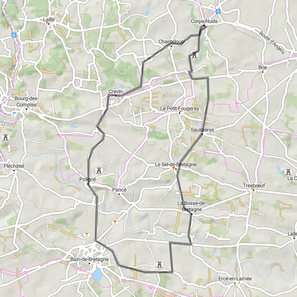 Miniature de la carte de l'inspiration cycliste "Parcours Campagnard" dans la Bretagne, France. Générée par le planificateur d'itinéraire cycliste Tarmacs.app