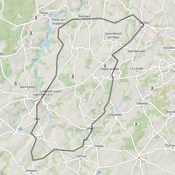 Miniature de la carte de l'inspiration cycliste "Tour Corseul - Trémeur" dans la Bretagne, France. Générée par le planificateur d'itinéraire cycliste Tarmacs.app