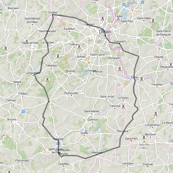 Miniature de la carte de l'inspiration cycliste "Parcours Dinan - Les Champs-Géraux" dans la Bretagne, France. Générée par le planificateur d'itinéraire cycliste Tarmacs.app