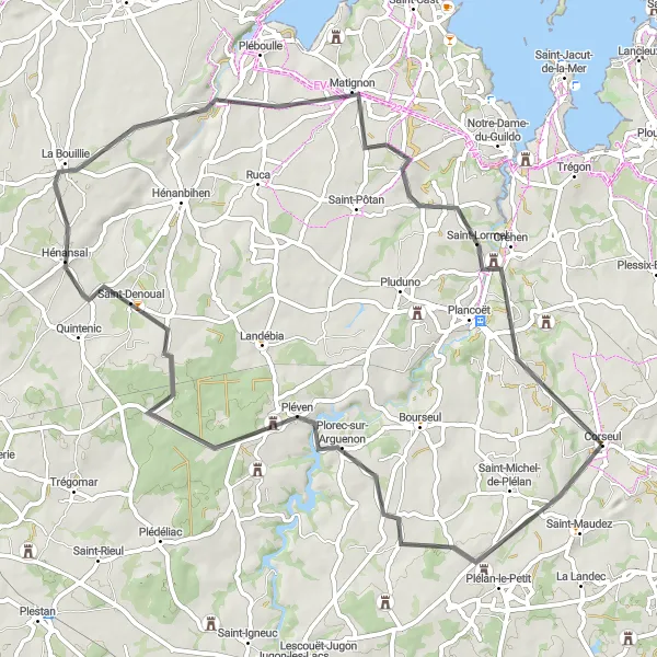 Miniature de la carte de l'inspiration cycliste "Tour de la Vallée du Frémur" dans la Bretagne, France. Générée par le planificateur d'itinéraire cycliste Tarmacs.app