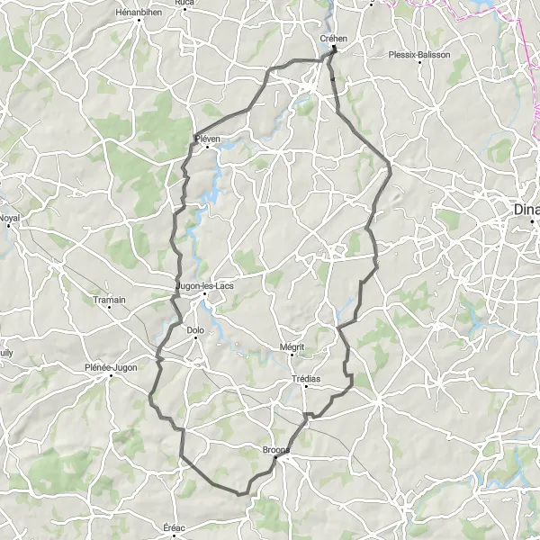 Map miniature of "Scenic Route through Crehen and Surroundings" cycling inspiration in Bretagne, France. Generated by Tarmacs.app cycling route planner